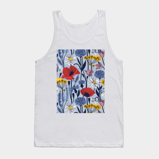 Wild field // pattern // pastel blue background neon red orange shade poppies white daisies denim blue cornflower pink bluebells yellow fennel flowers and other wild flowers meadow plants Tank Top by SelmaCardoso